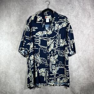 Hilo Hattie Hawaiian Camp Shirt Mens XL Navy Blue Floral Button Up Summer Resort